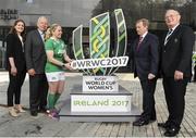 12 May 2016; Former Irish women’s rugby captain Fiona Coghlan, left, incoming World Rugby Chairman Bill Beaumont, Irish women's captain Niamh Briggs, An Taoiseach Enda Kenny and IRFU President Martin O'Sullivan during a press conference. Women's Rugby World Cup 2017 Press Conference, UCD Sports Hall Cinema, UCD, Dublin. Picture credit: Seb Daly / SPORTSFILE
