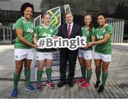 12 May 2016; An Taoiseach Enda Kenny, centre, is joined by Irish women's players, from left to right, Sophie Spence, captain Niamh Briggs, Clare McLoughlin and Sene Naoupu during a press conference. Women's Rugby World Cup 2017 Press Conference, UCD Sports Hall Cinema, UCD, Dublin. Picture credit: Seb Daly / SPORTSFILE