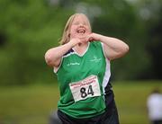 10 June 2010; Irma Folliary, from Ballyhaunis, Mayo, celebrates after her athletics divisioning event at the 2010 Special Olympics Ireland Games. University of Limerick, Limerick. Picture credit: Stephen McCarthy / SPORTSFILE