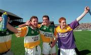 14 June 1998; The Whelahan brothers Brian, left, and Barry, right, celebrate with Kevin Martin after the Leinster Senior Hurling Championship Semi-Final match between Offaly and Wexford at Croke Park in Dublin. Photo by Ray McManus/Sportsfile
