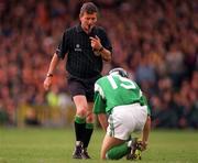 31 May 1998; Referee Johnny McDonnell pictured with Damien Quigley of Limerick during the Munster Senior Hurling Championship Quarter-Final match between Limerick and Cork at the Gaelic Grounds in Limerick. Photo by Ray McManus/Sportsfile
