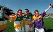 14 June 1998. Whelahan brothers Brian, left and Barry celebrate after the game with Kevin Martin, centre .  Offaly V Wexford, Leinster Hurling Championship, Croke Park, Dublin. Picture Credit: Ray McManus/SPORTSFILE.