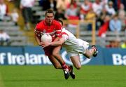 17 June 2001; Gavin Diamond of Derry in action against Ciaran Gourley of Tyrone during the Bank of Ireland Ulster Senior Football Championship Semi-Final match between Tyrone and Derry at St Tiernach's Park in Clones, Monaghan. Photo by Damien Eagers/Sportsfile