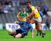 17 June 2001; Coman Goggins of Dublin in action against Alan McNamee of Offaly during the Bank of Ireland Leinster Senior Football Championship Semi-Final match between Dublin and Offaly at Croke Park in Dublin. Photo by Ray McManus/Sportsfile
