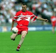17 June 2001; Dermot Dougan of Derry during the Bank of Ireland Ulster Senior Football Championship Semi-Final match between Tyrone and Derry at St Tiernach's Park in Clones, Monaghan. Photo by Damien Eagers/Sportsfile
