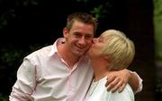 21 June 2001; Ireland rugby player Tyrone Howe, who has been called up to the British and Irish Lions tour, pictured with his mother Daphne in Dublin prior to his departure to Australia. Photo by Damien Eagers/Sportsfile
