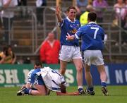 24 June 2001; Gerry Sheridan, left, celebrates with his Cavan team-mate James Doonan as James McElroy of Monaghan reacts at the final whistle of the Bank of Ireland Ulster Senior Football Championship Semi-Final match between Monaghan and Cavan at St Tiernach's Park in Clones, Monaghan. Photo by David Maher/Sportsfile