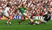 24 June 2001; Graham Geraghty of Meath has a shot on goal saved by Kildare goalkeeper Christy Byrne, supported by team-mates, Ken Doyle, 4, and Cormac Davey, during the Bank of Ireland Leinster Senior Football Championship Semi-Final match between Meath and Kildare at Croke Park in Dublin. Photo by Brian Lawless/Sportsfile