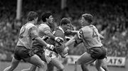 14 July 1991; Paul McStay of Mayo is tackled by Roscommon players, from left, Des Newton, Joey Connaughton and Gay Sheerin,4, and Enon Gavin, hidden, during the Connacht Senior Football Championship Final match between Mayo and Roscommon at McHale Park in Castlebar, Mayo. Photo by Ray McManus/Sportsfile
