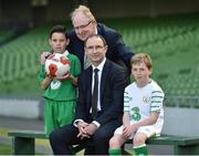 13 May 2016; D.I.D Electrical, Ireland’s leading electrical retailer, which has 22 stores across the country, has today announced a four-year sponsorship deal with the Football Association of Ireland, which will see D.I.D. become the official electrical retail partner of the Association. As part of the sponsorship agreement, D.I.D. Electrical will supply equipment for a games and entertainment room for the Republic of Ireland squad at their EURO 2016 base in Versailles, just outside Paris. The Irish-owned electrical retailer will be supplying the latest in tech and gadgets to the team including games consoles, big screen televisions and a selection of tablets. Pictured are Republic of Ireland manager Martin O'Neill with Donal Horgan, Managing Director of D.I.D Electrical, 10 year old Shane Bridgeman, left, from Irishtown, Dublin, and 11 year old Christopher Sheils, from Rathcoffey, Co. Kildare. Aviva Stadium, Lansdowne Road, Dublin. Picture credit: Matt Browne / SPORTSFILE