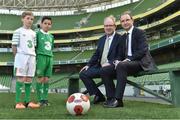 13 May 2016; D.I.D Electrical, Ireland’s leading electrical retailer, which has 22 stores across the country, has today announced a four-year sponsorship deal with the Football Association of Ireland, which will see D.I.D. become the official electrical retail partner of the Association. As part of the sponsorship agreement, D.I.D. Electrical will supply equipment for a games and entertainment room for the Republic of Ireland squad at their EURO 2016 base in Versailles, just outside Paris. The Irish-owned electrical retailer will be supplying the latest in tech and gadgets to the team including games consoles, big screen televisions and a selection of tablets. Pictured are Republic of Ireland manager Martin O'Neill with Donal Horgan, Managing Director of D.I.D Electrical, 10 year old Shane Bridgeman, right, from Irishtown, Dublin, and 11 year old Christopher Sheils, from Rathcoffey, Co. Kildare. Aviva Stadium, Lansdowne Road, Dublin. Picture credit: Matt Browne / SPORTSFILE