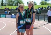 14 May 2016; Amy Rose Farrell, Mount Anville, left, and Abbie Taylor, St Gerards, after competing in the Intermediate Girls 3000m during day 2 of the GloHealth Leinster Schools Track & Field Championships. Morton Stadium, Santry. Picture credit: Sam Barnes / SPORTSFILE