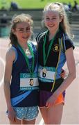 14 May 2016; Amy Rose Farrell, Mount Anville, left, and Abbie Taylor, St Gerards, after competing in the Intermediate Girls 3000m during day 2 of the GloHealth Leinster Schools Track & Field Championships. Morton Stadium, Santry. Picture credit: Sam Barnes / SPORTSFILE