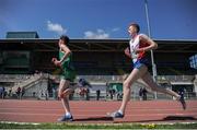 14 May 2016; Jamie Battle, Col Mhuire Mullingar, left, and Sean O'Leary, St Aidans, competing in the Intermediate Boys 3000m during day 2 of the GloHealth Leinster Schools Track & Field Championships. Morton Stadium, Santry. Picture credit: Sam Barnes / SPORTSFILE