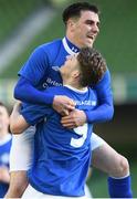 14 May 2016; Crumlin United's Gregory Moorhouse, below, celebrates with team-mate Carl Forsyth after scoring his side's first goal of the game. FAI Intermediate Cup Final, Crumlin United v Letterkenny Rovers. Aviva Stadium, Dublin. Picture credit: Ramsey Cardy / SPORTSFILE