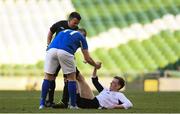 14 May 2016;  Ryan Lonergan, Letterkenny Rovers, is helped to his feet by Alan McGreal, Crumlin United, after suffering from a cramp. FAI Intermediate Cup Final, Crumlin United v Letterkenny Rovers. Aviva Stadium, Dublin. Picture credit: Ramsey Cardy / SPORTSFILE