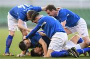 14 May 2016; Crumlin United's Dean Hurley, bottom, celebrates with team-mates after scoring his side's fourth goal of the game. FAI Intermediate Cup Final, Crumlin United v Letterkenny Rovers. Aviva Stadium, Dublin. Picture credit: Ramsey Cardy / SPORTSFILE