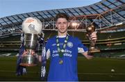 14 May 2016; Crumlin United's Gregory Moorhouse with the cup, man of the match award and match ball, after scoring a hat-trick. FAI Intermediate Cup Final, Crumlin United v Letterkenny Rovers. Aviva Stadium, Dublin. Picture credit: Ramsey Cardy / SPORTSFILE