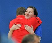 11 June 2010; Ronan Keane, from Sixmilebridge, Clare, celebrates with voulenteer Elaine Gleeson, from Portroe, Tipperary, following his victory in the Table Tennis event during the second day of the 2010 Special Olympics Ireland Games. Tailteann Centre, Mary Immaculate Centre, Limerick. Picture credit: Stephen McCarthy / SPORTSFILE