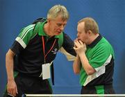 10 June 2010; Anthony Lurgan, from Knockmore, Co. Mayo, is consoled by his coach Tom Kavanagh, from Castlebar, Co. Mayo, following his defeat in Table Tennis during the second day at the 2010 Special Olympics Ireland Games. Tailteann Centre, Mary Immaculate College, Limerick. Picture credit: Stephen McCarthy / SPORTSFILE