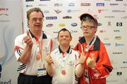 11 June 2010; Munster Team 7, from left, Brian Wall, Bobby Power, Waterford, and Mary Treacy after recieving their medals for 3rd place in the Division 5 Team Bowling event during the second day of the 2010 Special Olympics Ireland Games. Funworld, Ennis Road, Limerick. Picture credit: Stephen McCarthy / SPORTSFILE