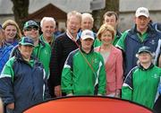 11 June 2010; Micheal O Muircheartaigh and Mary Davis, Managing Director of Special Olympics Europe / Eurasia, with Special Olympics athletes and assistants during the Pitch & Putt event during the second day of the 2010 Special Olympics Ireland Games. Murroe, Limerick. Picture credit: Stephen McCarthy / SPORTSFILE