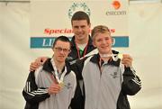12 June 2010; David Wilson, left, and Oliver Magee, both from Lisburn, Co. Antrim, with Limerick senior hurler David Lynch, celebrate after winning gold medals in the Division 1 Bocce Doubles Finals at 2010 Special Olympics Ireland Games. Limerick Racecourse, Patrickswell, Co. Limerick. Picture credit: Diarmuid Greene / SPORTSFILE