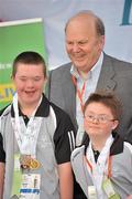 12 June 2010; Micheal Noonan T.D., with Ulster Region athletes Ryan Craig, left, and Jack McKeown during the third day of the 2010 Special Olympics Ireland Games. University of Limerick, Limerick. Picture credit: Stephen McCarthy / SPORTSFILE