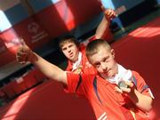 12 June 2010; Munster Region athletes Alan Quinlan, from Cappamore, Limerick, and Eoin Hanly, from Tipperary, show off their medal haul following the Gymnastics medal presentation during the third day of the 2010 Special Olympics Ireland Games. University of Limerick, Limerick. Picture credit: Stephen McCarthy / SPORTSFILE