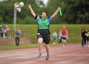 13 June 2010; Lisa McGuinness, from Ballyfermot, Dublin, Eastern Region, celebrates after running the final leg of the 4x100m relay during the final day of the 2010 Special Olympics Ireland Games. University of Limerick, Limerick. Picture credit: Stephen McCarthy / SPORTSFILE