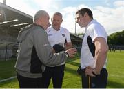 15 May 2016; Pete McGrath, left, Fermanagh manager, talks to Frank Fitzsimons and Gearoid Adams, Antrim manager, after the Ulster GAA Football Senior Championship Preliminary Round, Fermanagh v Antrim in Brewster Park, Enniskillen. Photo by Oliver McVeigh/Sportsfile
