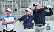 16 May 2016; Former Ryder Cup captain Paul McGinley tees off from the first watched by Jack Hume and Gavin Moynihan during a practice day prior to the Dubai Duty Free Irish Open Golf Championship previews at The K Club in Straffan, Co. Kildare. Photo by Matt Browne/Sportsfile