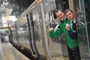 13 June 2010; Galway athletes Henry Cloran, from Ardrahan, left, and Matthew Forde, from Salthill, Connacht Region, board their train following the final day of the 2010 Special Olympics Ireland Games. Limerick Railway Station, Limerick. Picture credit: Stephen McCarthy / SPORTSFILE