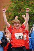 13 June 2010; Munster Region athlete Bernadette Cronin, Cork, celebrates before receiving her relay medal during the final day of the 2010 Special Olympics Ireland Games. University of Limerick, Limerick. Picture credit: Stephen McCarthy / SPORTSFILE