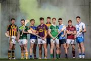 17 May 2016; At the launch of the Bord Gáis Energy U21 GAA Hurling U21 All Ireland Championship 2016 are, from left to right, Kilkenny's James Maher, Antrim's Ryan McCambridge, Tipperary's Ronan Maher, Wexford's Conor McDonald, Clare's Bobby Duggan, Limerick's Cian Lynch, Dublin's Eoghan O'Donnell, Galway's Conor Whelan and Waterford's Austin Gleeson. Kilmacud Crokes GAA Club, Glenabyn, Stillorgan, Co. Dublin. Photo by Ramsey Cardy/SPORTSFILE