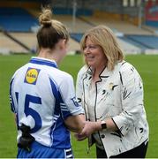 8 May 2016; Marie Hickey, President of the LGFA, greets Waterford captain Sineád Ryan before the game. Lidl Ladies Football National League, Division 3, Final Replay, Tipperary v Waterford. Semple Stadium, Thurles, Co. Tipperary. Picture credit: Piaras Ó Mídheach / SPORTSFILE