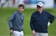 18 May 2016; Thirteen year old Tom McKibbin, left, from Antrim, who was invited to play in the Pro Am at the Dubai Duty Free Irish Open by golfer Rory McIlroy, with retired snooker player and 1985 World Championship winner Dennis Taylor during the Dubai Duty Free Irish Open Golf Championship Pro-Am at The K Club in Straffan, Co. Kildare. Photo by Brendan Moran/Sportsfile