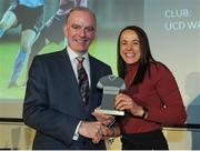 18 May 2016; Aine O'Gorman, UCD Waves FC, is presented with a Team of the Year award by Tom Dennigan, General Sale Manager Ireland Continental Tyre Group, at the Continental Tyres Women’s National League Awards. The Marker Hotel, Grand Canal Square, Docklands, Dublin. Photo by Seb Daly/Sportsfile