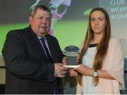 18 May 2016; Claire O'Riordan, Wexford Youths Women's FC, is presented with a Team of the Year award by Eamon Naughton, Chairman of the Women's National League, at the Continental Tyres Women’s National League Awards. The Marker Hotel, Grand Canal Square, Docklands, Dublin. Photo by Seb Daly/Sportsfile