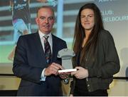 18 May 2016; Amanda McQuillan, Shelbourne Ladies FC, is presented with a Team of the Year award by Tom Dennigan, General Sale Manager Ireland Continental Tyre Group, at the Continental Tyres Women’s National League Awards. The Marker Hotel, Grand Canal Square, Docklands, Dublin. Photo by Seb Daly/Sportsfile