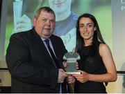 18 May 2016; Roma McLaughlin, Peamount United FC, is presented with a Team of the Year award by Eamon Naughton, Chairman of the Women's National League, at the Continental Tyres Women’s National League Awards. The Marker Hotel, Grand Canal Square, Docklands, Dublin. Photo by Seb Daly/Sportsfile