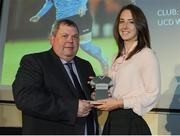 18 May 2016; Karen Duggan, UCD Waves FC, is presented with a Team of the Year award by Eamon Naughton, Chairman of the Women's National League, at the Continental Tyres Women’s National League Awards. The Marker Hotel, Grand Canal Square, Docklands, Dublin. Photo by Seb Daly/Sportsfile