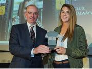 18 May 2016; Shauna Fox, Galway Women's FC, is presented with a Team of the Year award by Tom Dennigan, General Sale Manager Ireland Continental Tyre Group, at the Continental Tyres Women’s National League Awards. The Marker Hotel, Grand Canal Square, Docklands, Dublin. Photo by Seb Daly/Sportsfile
