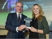 18 May 2016; Ruth Fahy, Wexford Youths Women's FC, is presented with a Team of the Year award by Tom Dennigan, General Sale Manager Ireland Continental Tyre Group, at the Continental Tyres Women’s National League Awards. The Marker Hotel, Grand Canal Square, Docklands, Dublin. Photo by Seb Daly/Sportsfile