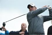 18 May 2016; Former Ryder Cup captain Paul McGinley watches his tee shot from the 9th tee box during the Dubai Duty Free Irish Open Golf Championship Pro-Am at The K Club in Straffan, Co. Kildare. Photo by Diarmuid Greene/Sportsfile