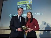 18 May 2016; Aine O'Gorman, UCD Waves FC, is presented with the Golden Boot award by Desmond Farrelly, Irish Daily Mail, at the Continental Tyres Women’s National League Awards. The Marker Hotel, Grand Canal Square, Docklands, Dublin. Photo by Seb Daly/Sportsfile