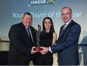18 May 2016; Roma McLaughlin, Peamount United FC, is presented with the Young Player of the Year award by Eamon Naughton, left, Chairman of the Women's National League, and Tom Dennigan, right, General Sale Manager Ireland Continental Tyre Group, at the Continental Tyres Women’s National League Awards. The Marker Hotel, Grand Canal Square, Docklands, Dublin. Photo by Seb Daly/Sportsfile