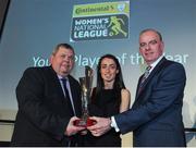 18 May 2016; Roma McLaughlin, Peamount United FC, is presented with the Young Player of the Year award by Eamon Naughton, left, Chairman of the Women's National League, and Tom Dennigan, right, General Sale Manager Ireland Continental Tyre Group, at the Continental Tyres Women’s National League Awards. The Marker Hotel, Grand Canal Square, Docklands, Dublin. Photo by Seb Daly/Sportsfile