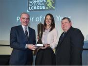 18 May 2016; Karen Duggan, UCD Waves FC, is presented with the Player of the Year award by Tom Dennigan, left, General Sale Manager Ireland Continental Tyre Group, and Eamon Naughton, right, Chairman of the Women's National League, at the Continental Tyres Women’s National League Awards. The Marker Hotel, Grand Canal Square, Docklands, Dublin. Photo by Seb Daly/Sportsfile