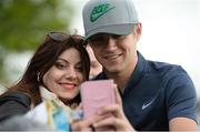 18 May 2016; Melissa Debosse from France gets a selfie with Niall Horan of One Direction after his round at the Dubai Duty Free Irish Open Golf Championship Pro-Am at The K Club in Straffan, Co. Kildare. Photo by Diarmuid Greene/Sportsfile